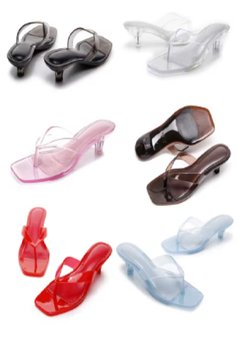 New Crystal Jelly Low Wine Glass Heel Toe Post Square Toe Sandals CODE: KAR5348
