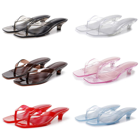 New Crystal Jelly Low Wine Glass Heel Toe Post Square Toe Sandals CODE: KAR5348