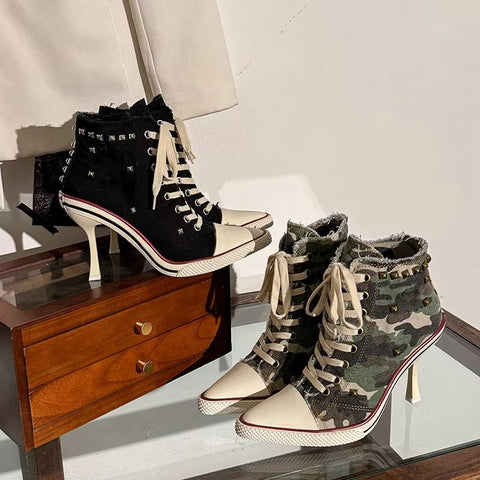 Sexy Pointed Toe Super High Heel Canvas Ankle Boots CODE: KAR5354
