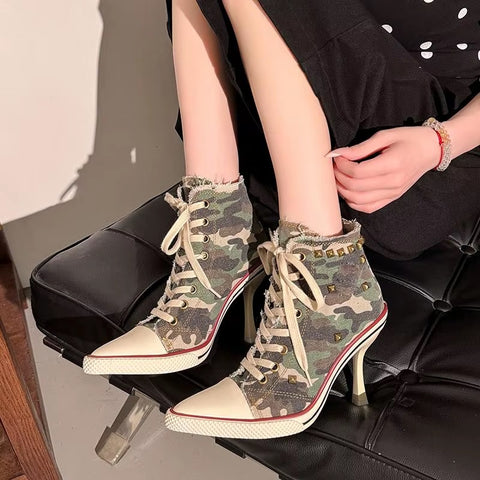 Sexy Pointed Toe Super High Heel Canvas Ankle Boots CODE: KAR5354