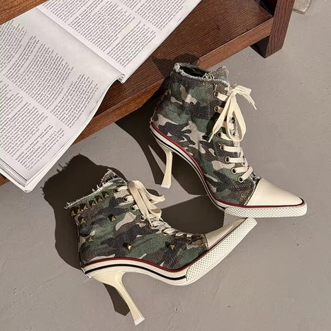 Sexy Pointed Toe Super High Heel Canvas Ankle Boots CODE: KAR5354