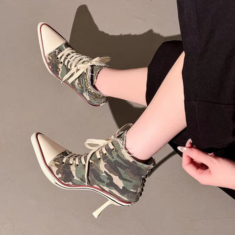 Sexy Pointed Toe Super High Heel Canvas Ankle Boots CODE: KAR5354