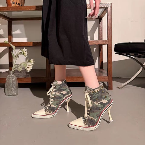 Sexy Pointed Toe Super High Heel Canvas Ankle Boots CODE: KAR5354