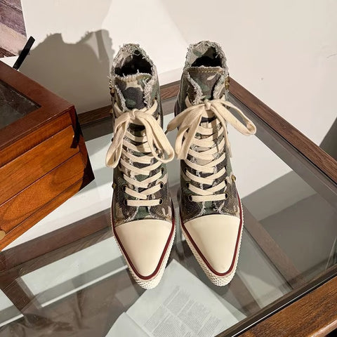 Sexy Pointed Toe Super High Heel Canvas Ankle Boots CODE: KAR5354