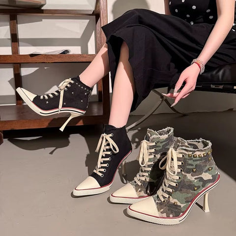 Sexy Pointed Toe Super High Heel Canvas Ankle Boots CODE: KAR5354