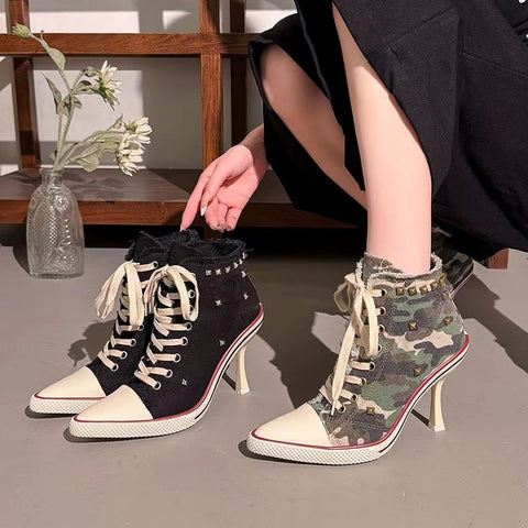 Sexy Pointed Toe Super High Heel Canvas Ankle Boots CODE: KAR5354