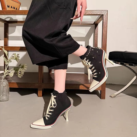 Sexy Pointed Toe Super High Heel Canvas Ankle Boots CODE: KAR5354
