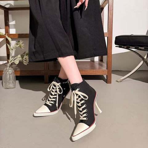 Sexy Pointed Toe Super High Heel Canvas Ankle Boots CODE: KAR5354