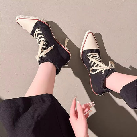 Sexy Pointed Toe Super High Heel Canvas Ankle Boots CODE: KAR5354