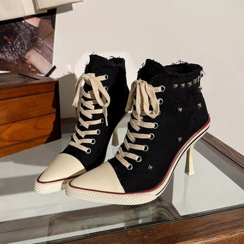 Sexy Pointed Toe Super High Heel Canvas Ankle Boots CODE: KAR5354