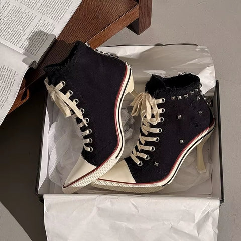 Sexy Pointed Toe Super High Heel Canvas Ankle Boots CODE: KAR5354