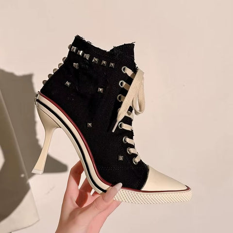 Sexy Pointed Toe Super High Heel Canvas Ankle Boots CODE: KAR5354