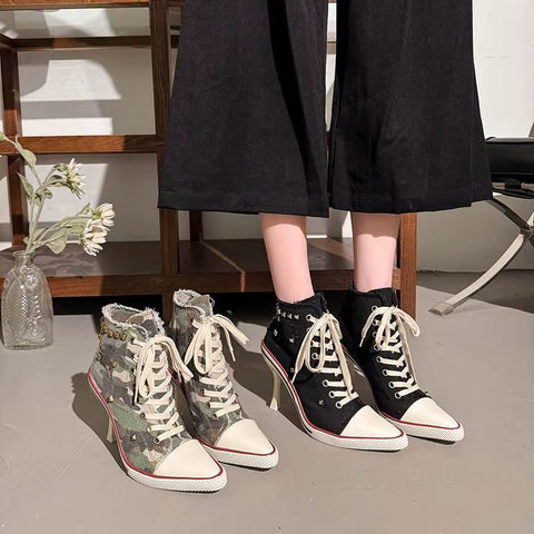 Sexy Pointed Toe Super High Heel Canvas Ankle Boots CODE: KAR5354