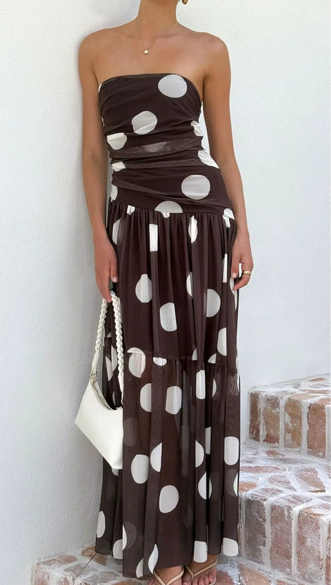 New Polka Dot Strapless Off Shoulder Design Long Dress CODE: KAR5357