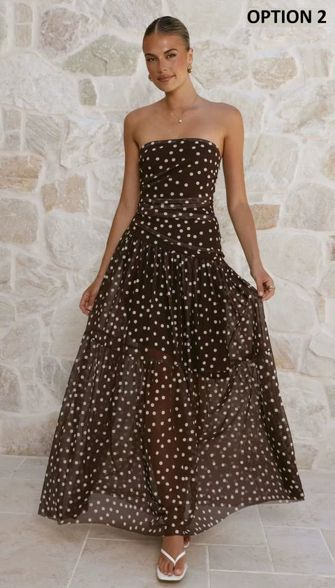 New Polka Dot Strapless Off Shoulder Design Long Dress CODE: KAR5357