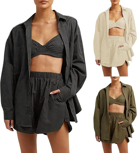 Sexy Long Sleeve Lapel Shirt Shorts Set CODE: KAR5358