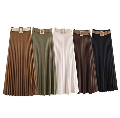 New Pleated High Waist A-Line Midi Skirt CODE: KAR5363