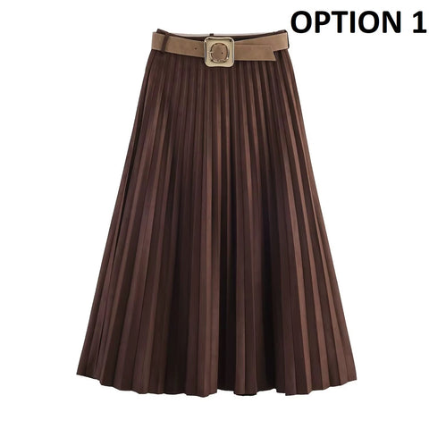 New Pleated High Waist A-Line Midi Skirt CODE: KAR5363