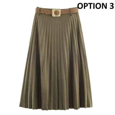 New Pleated High Waist A-Line Midi Skirt CODE: KAR5363