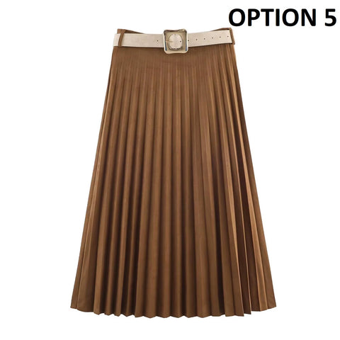 New Pleated High Waist A-Line Midi Skirt CODE: KAR5363