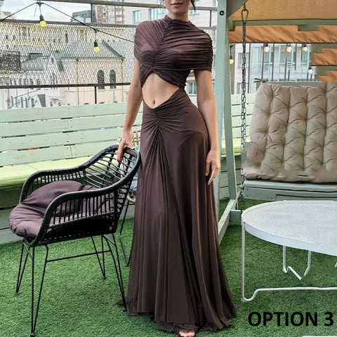 New Round Neck Mesh Splicing Midriff Cutout Long Dress CODE: KAR5365