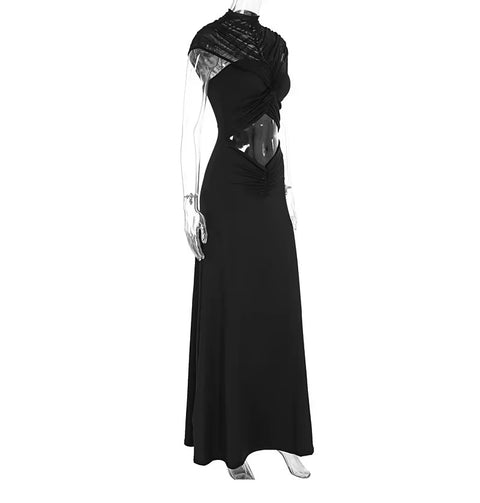 New Round Neck Mesh Splicing Midriff Cutout Long Dress CODE: KAR5365