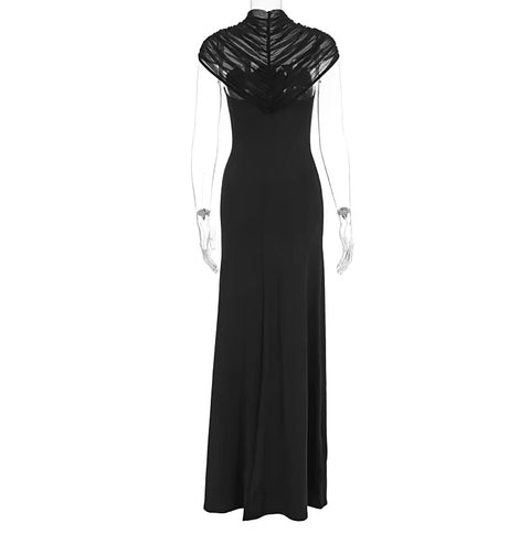 New Round Neck Mesh Splicing Midriff Cutout Long Dress CODE: KAR5365