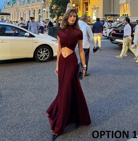 New Round Neck Mesh Splicing Midriff Cutout Long Dress CODE: KAR5365