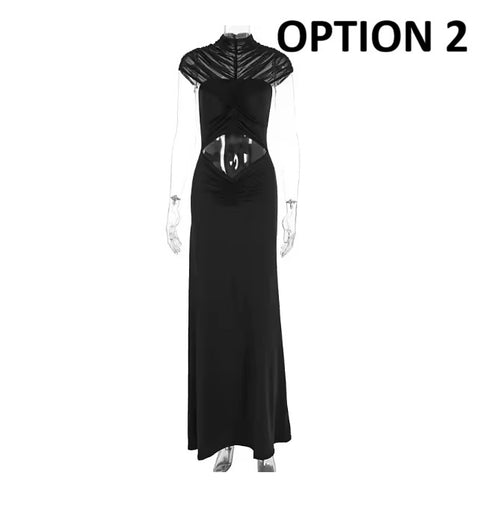 New Round Neck Mesh Splicing Midriff Cutout Long Dress CODE: KAR5365