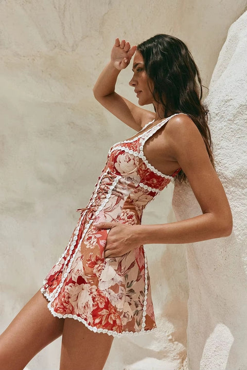 New Sexy Lace up Print Splice Strapless Dress CODE: KAR5366