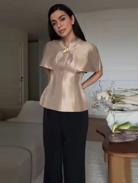 New  V-neck Short-sleeved Slim Cinched-waist Top CODE: KAR5372