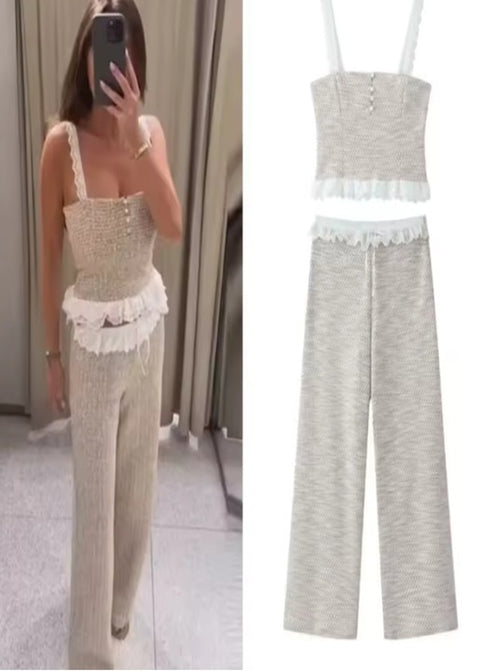 New Spaghetti Strap Splice Casual 2 Piece Set CODE: KAR5373