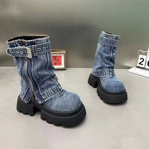 New Thick Bottom Belt Buckle Zipper Boots CODE: KAR5388