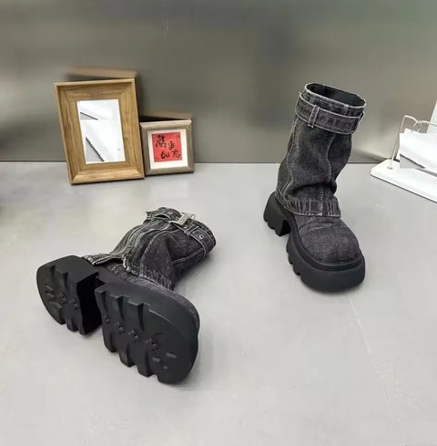 New Thick Bottom Belt Buckle Zipper Boots CODE: KAR5388