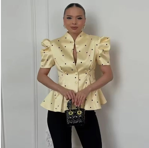 New Fashionable Casual Polka Dot Bubble Sleeve Print Shirt CODE: KAR5391