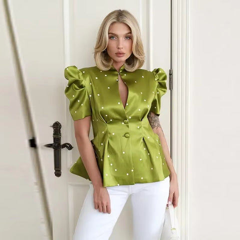 New Fashionable Casual Polka Dot Bubble Sleeve Print Shirt CODE: KAR5391