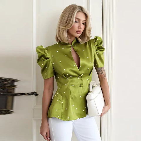 New Fashionable Casual Polka Dot Bubble Sleeve Print Shirt CODE: KAR5391
