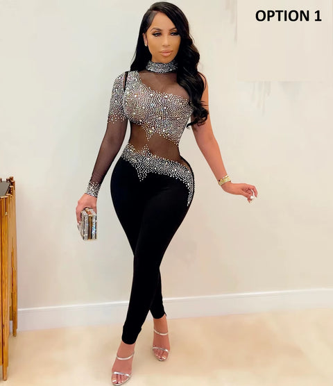 New Rhinestones Mesh See Long Sleeve Jumpsuit CODE: KAR5393