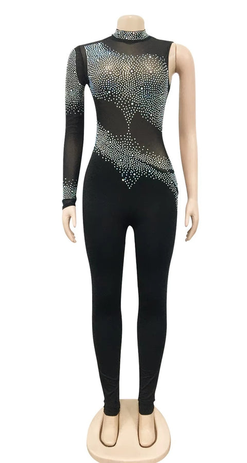 New Rhinestones Mesh See Long Sleeve Jumpsuit CODE: KAR5393
