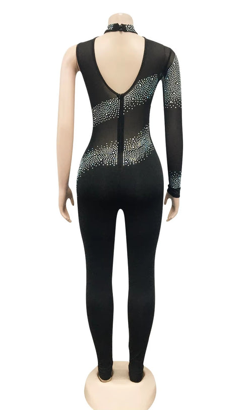 New Rhinestones Mesh See Long Sleeve Jumpsuit CODE: KAR5393