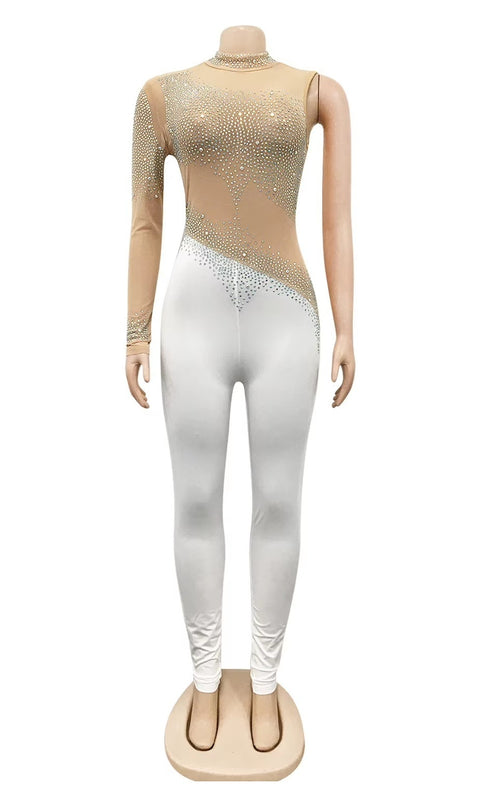 New Rhinestones Mesh See Long Sleeve Jumpsuit CODE: KAR5393