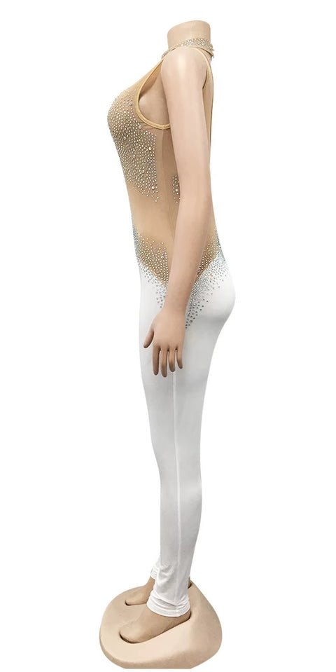 New Rhinestones Mesh See Long Sleeve Jumpsuit CODE: KAR5393