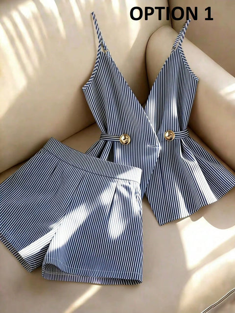 New V-neck Top Lace Up High Waist Pleated Wide Leg Shorts Set CODE: KAR5394