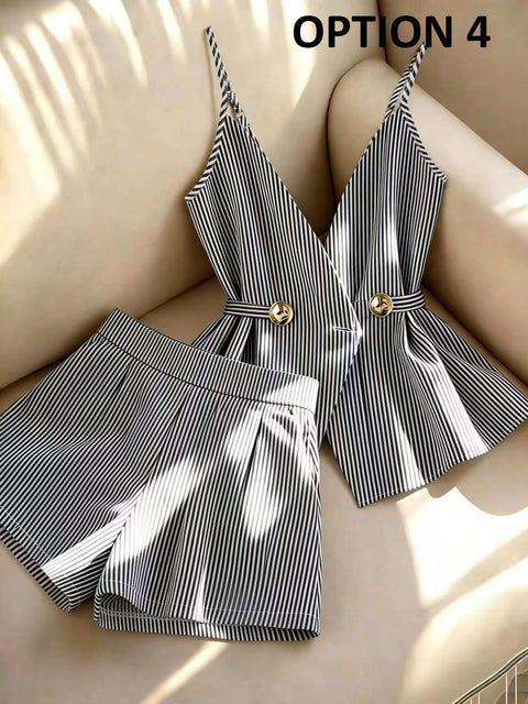 New V-neck Top Lace Up High Waist Pleated Wide Leg Shorts Set CODE: KAR5394