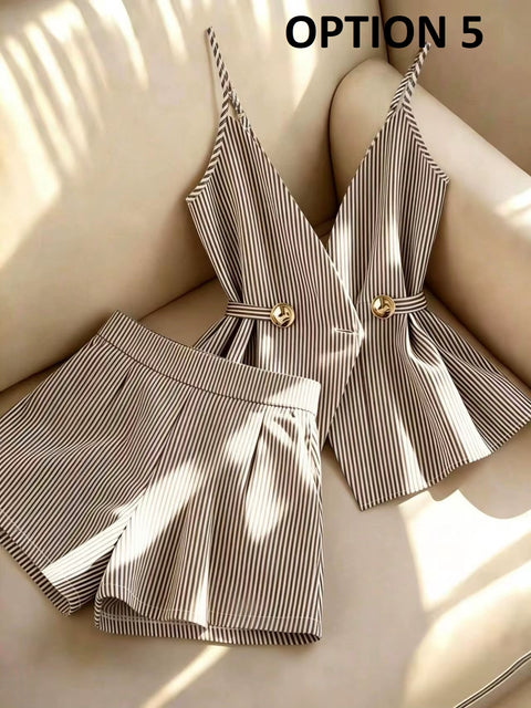 New V-neck Top Lace Up High Waist Pleated Wide Leg Shorts Set CODE: KAR5394