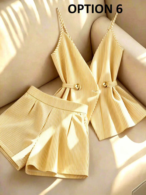 New V-neck Top Lace Up High Waist Pleated Wide Leg Shorts Set CODE: KAR5394