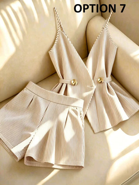 New V-neck Top Lace Up High Waist Pleated Wide Leg Shorts Set CODE: KAR5394