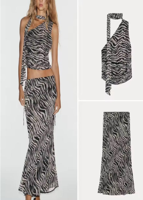 New Asymmetric Scarf Decorated Sleeveless Top And Skirt Set CODE: KAR5396