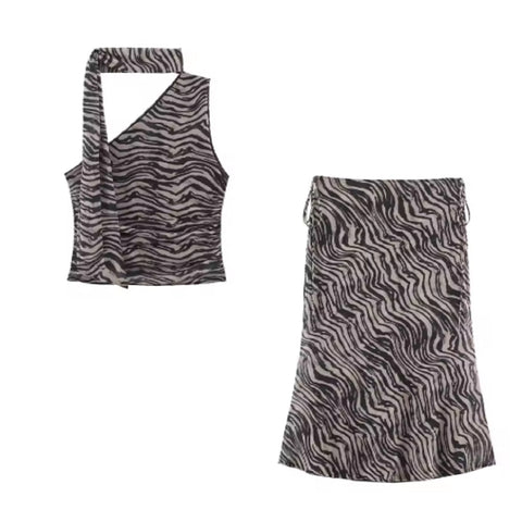 New Asymmetric Scarf Decorated Sleeveless Top And Skirt Set CODE: KAR5396