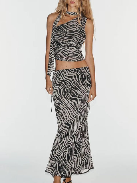 New Asymmetric Scarf Decorated Sleeveless Top And Skirt Set CODE: KAR5396